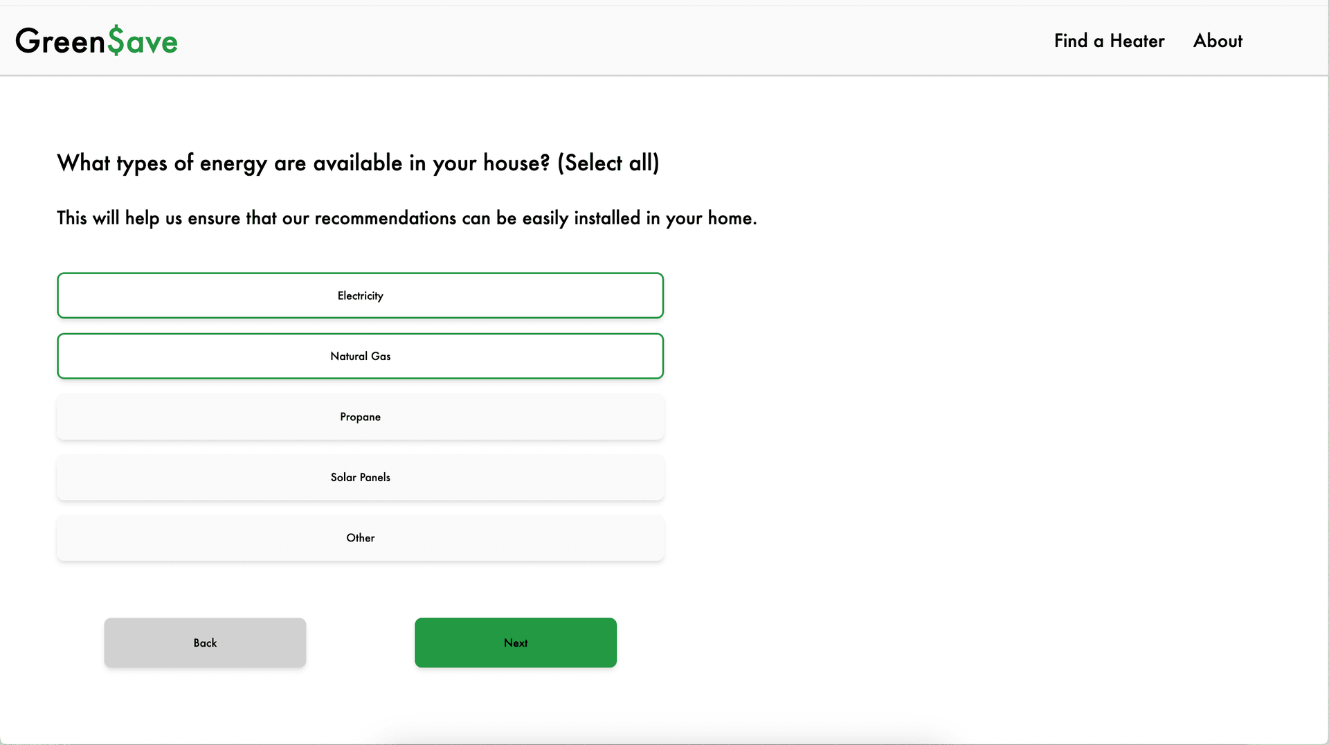 Part of the GreenSave form