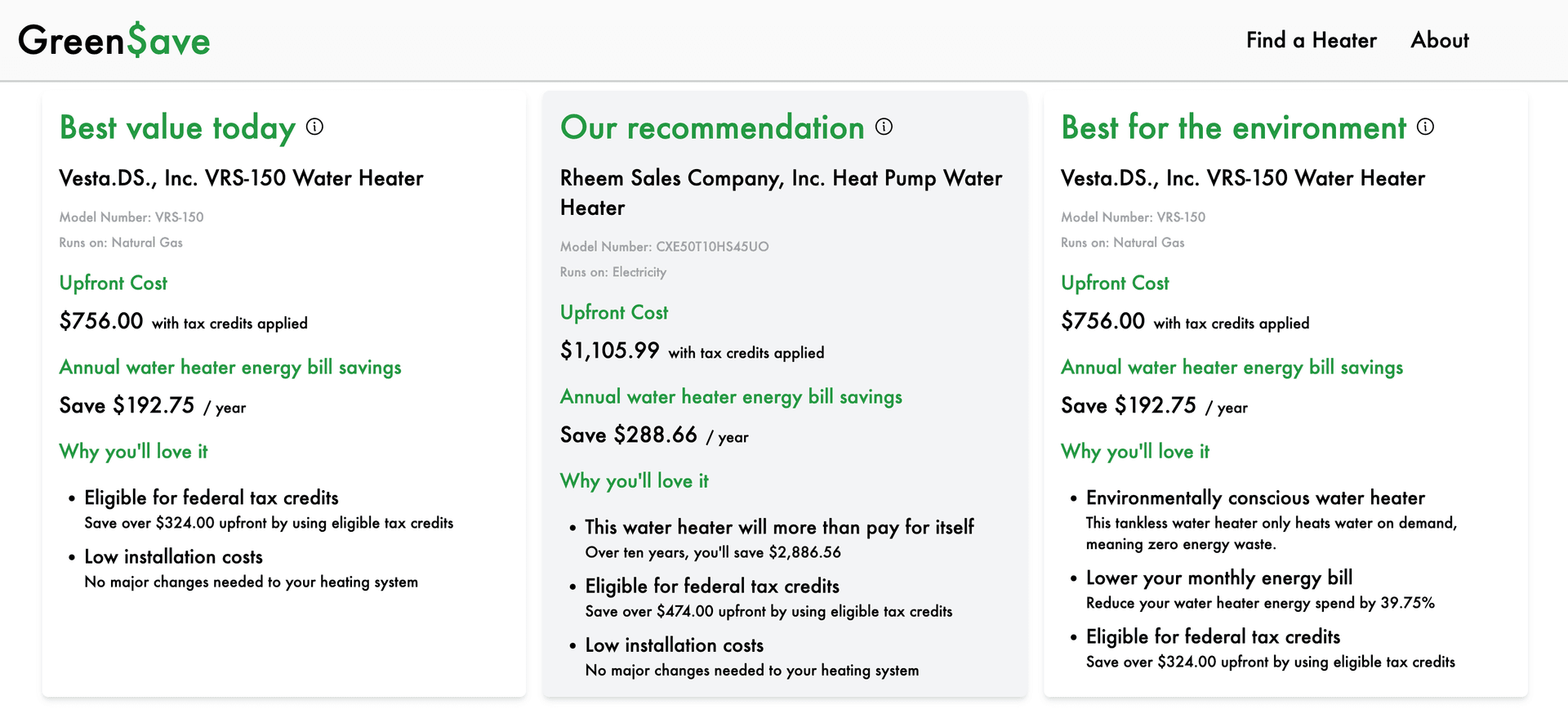 The GreenSave recommendation page